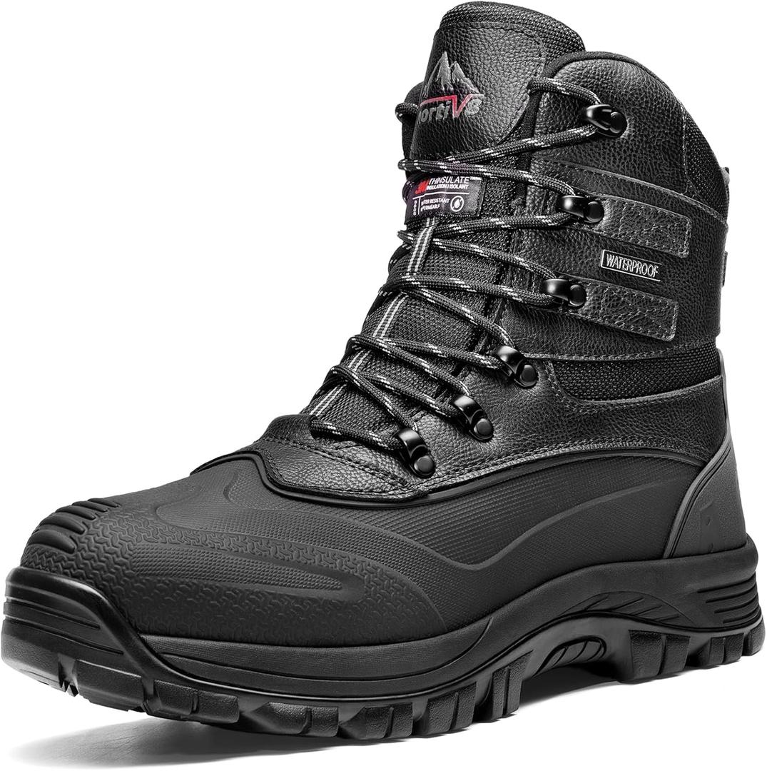 NORTIV 8 Men's Insulated Waterproof Construction Rubber Sole Winter Snow Ski Boots (10 Wide, Black)
