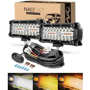 NAOEVO 7 Inch Light Bar, 240W 24,000LM Offroad Fog/Driving Lights LED Pods with 2 Leads Wiring Harness, Spot Flood Combo LED Work Lights for Truck Boat UTV ATV, 2-Pack (White/Amber/White&Amber)