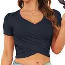 DSPSAM Womens Front Cross Wrap Crop Tops Deep V Neck Short Sleeve Fitted Going Out T Shirts, Size: L