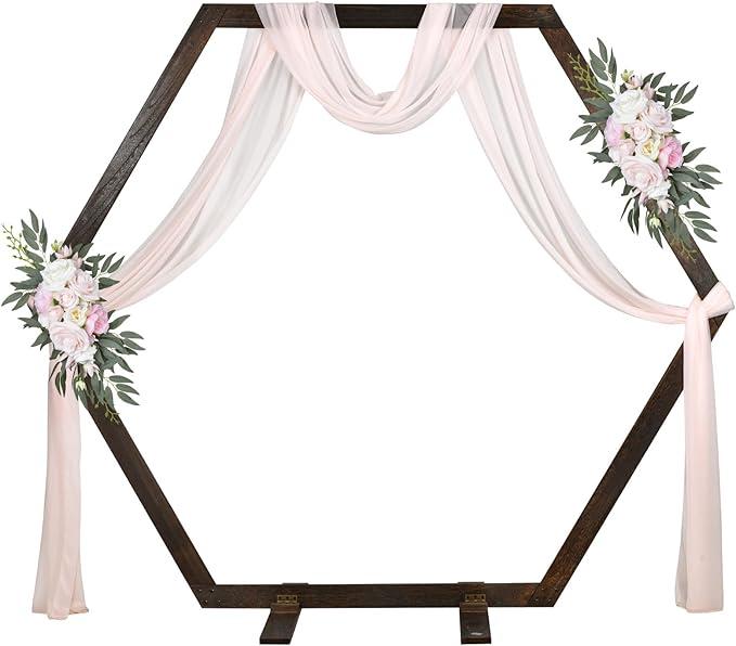DearHouse Wooden Arch, 7.2FT Hexagon Wooden Wedding Arch for Ceremony Rustic Wedding Birthday Parties Indoor Outdoor Garden Decor, AWERT0-3