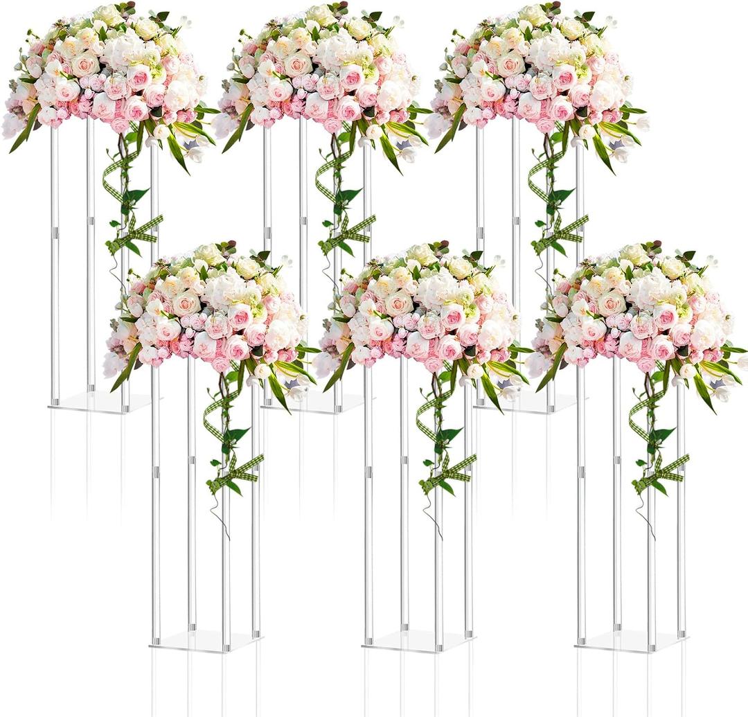 Geetery 6 Pieces Tall Acrylic Vase Wedding Centerpieces Clear Flower Stand Column Geometric Floral Vase Elegant Display Holder for Birthday Party Wedding Table Decorations (28 Inch)