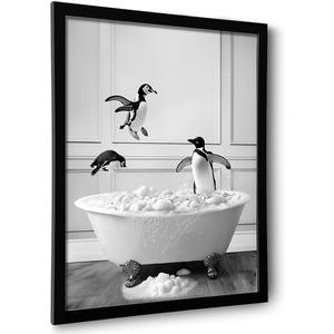 Framed Bathroom Decor Wall Art, Black and White Bathroom Decor, Funny Wall Decoration Animal Penguin in Bathtub, Cute Animal Wall Art for Kid's Room (Framed,11''x14'')
