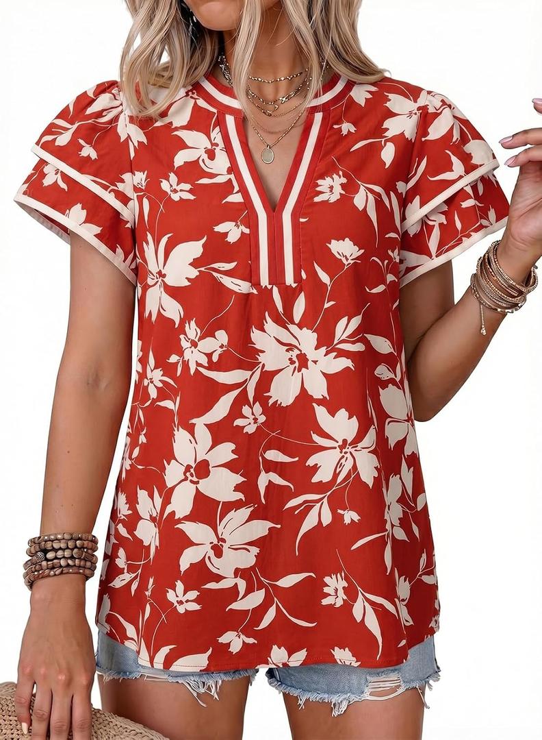Dokotoo Womens Summer Tops 2026 Boho Floral Ruffle Short Sleeve V Neck Dressy Casual Loose Blouses Shirts (Red, L)
