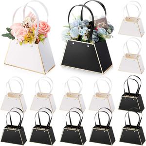 Fuutreo 12 Pcs Graduation Flower Gift Bags for Bouquet Portable Craft Flower Arrangement Boxes with Handle Waterproof Florist Bouquet Wrapping Bag for Mother's Day Wedding Birthday Party(Black, White)