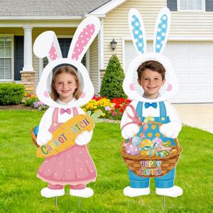 Easter Decorations Yard Signs - 2 Pcs Happy Easter Face Outdoor Large Waterproof Bunny Photography Decor with Stakes for Garden Lawn Patio 42 Inches Spring Holiday Egg Hunt Game Party Props