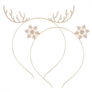 Christmas Headbands for Girls Womens Sparky Crystal Reindeer Horn Snow Headbands Santa Holiday Hair Band Headpiece Set of 2 Pieces (Gold)