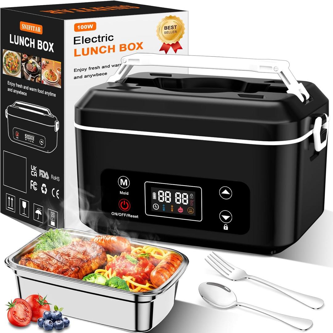 Cordless Electric Heated Lunch Box, Pro 24000mah Heated Lunch Box,Battery Powered, 1.2L Portable Food Heater-3D-5 Side Heating-Intelligent Temperature Control, Suitable For Trucks, Offices (Black/White)