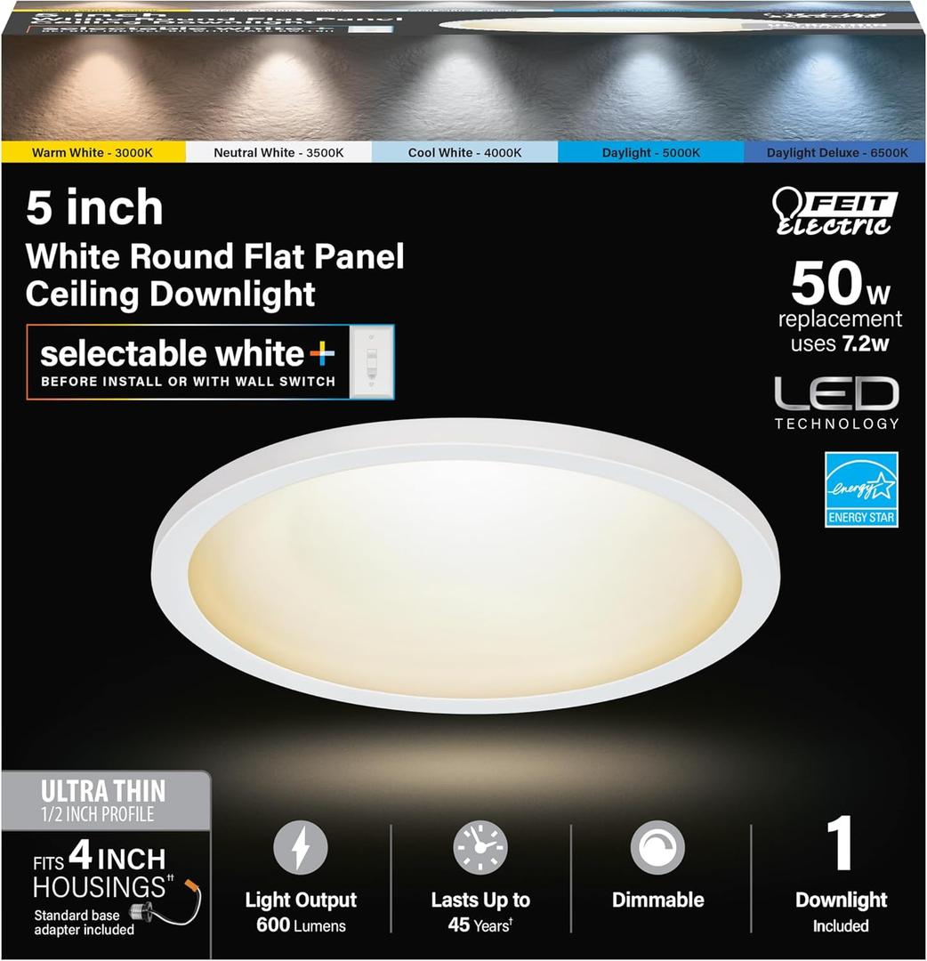 Feit Electric LED Ceiling Downlight, Dimmable Flat Panel Ceiling Light with Color Selection (5CCT), TP24 Adapter Included (5 Inch (Fits 4 Inch Housing))
