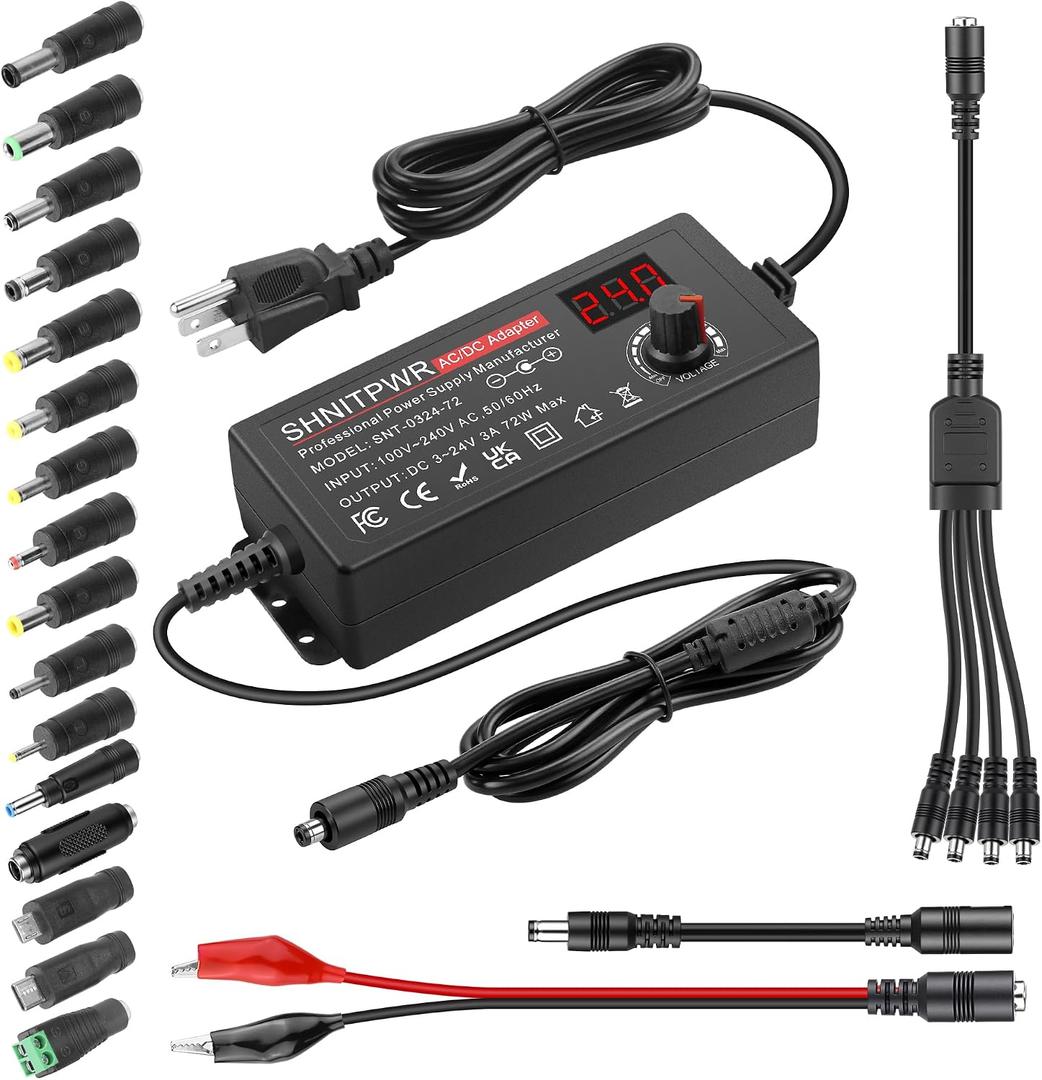 SHNITPWR Universal Power Supply Adjustable 3.5V~24V 3A 72W Variable 3.5V 5V 9V 12V 18V 20V 24V AC/DC Adapter, 100V-240V AC to DC Converter with 16 Tips,4-Way Power Splitter Cable,Polarity Converter