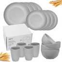 Wheat Straw Dinnerware Sets for 4 - KFT Lightweight & Unbreakable Dishes Microwave & Dishwasher Safe Perfect for Camping, Picnic, RV, Dorm Plates, Cups and Bowls (Gray) (Graphite)