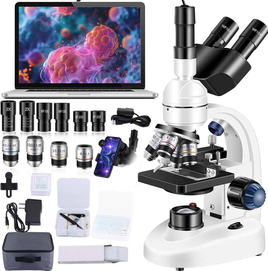 Adult Trinocular Microscope WF10x and WF25x Eyepieces 40X-5000X Magnification, Digital Lab Trinocular Compound LED Microscope (Trinocular Microscope with Electronic Eyepieces)