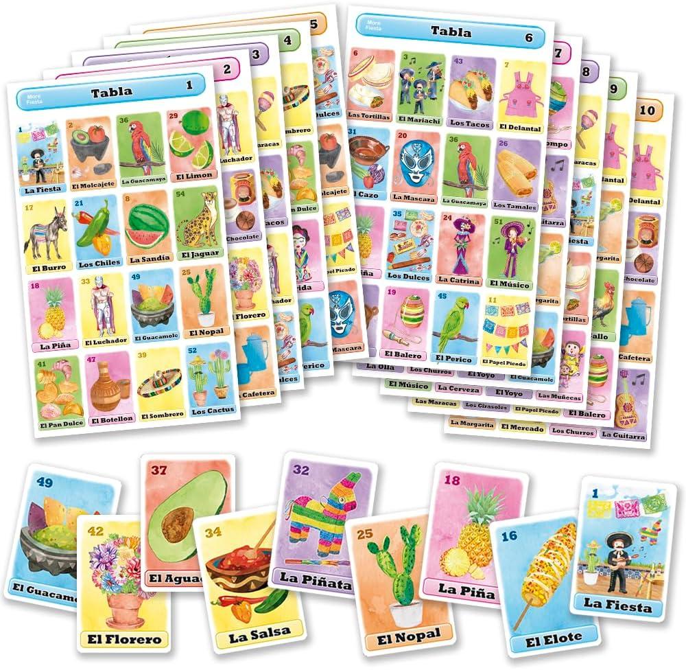 Loteria Fiesta Mexican Bingo Game Set in Spanish for 10 Players - 10 Playing Boards and Full Deck of Calling Cards