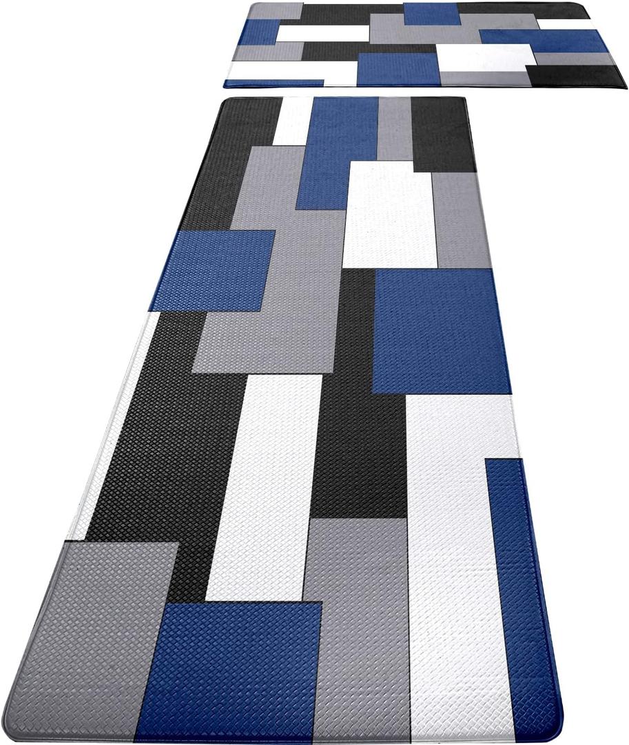 Blue Black Grey White Kitchen Rugs and Mats Set of 2 Modern Abstract Art Cushioned Anti Fatigue Kitchen Rugs Set Geometric Non-Skid Washable Kitchen Mats for Kitchen Sink Laundry 17.5"x29.5"+17.5"x47"