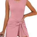 Caracilia Women Summer Sleeveless Bodycon Tie Cinched Waist Romper Skort Mini Dress Built in Shorts Night Out Vacation Dress (Pink, Medium)