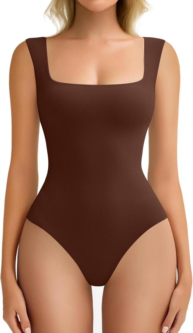 Avidlove Bodysuits for Women Square Neck Body Suit Double Lined Tank Top Bodysuit Soft (Medium, Coffee)