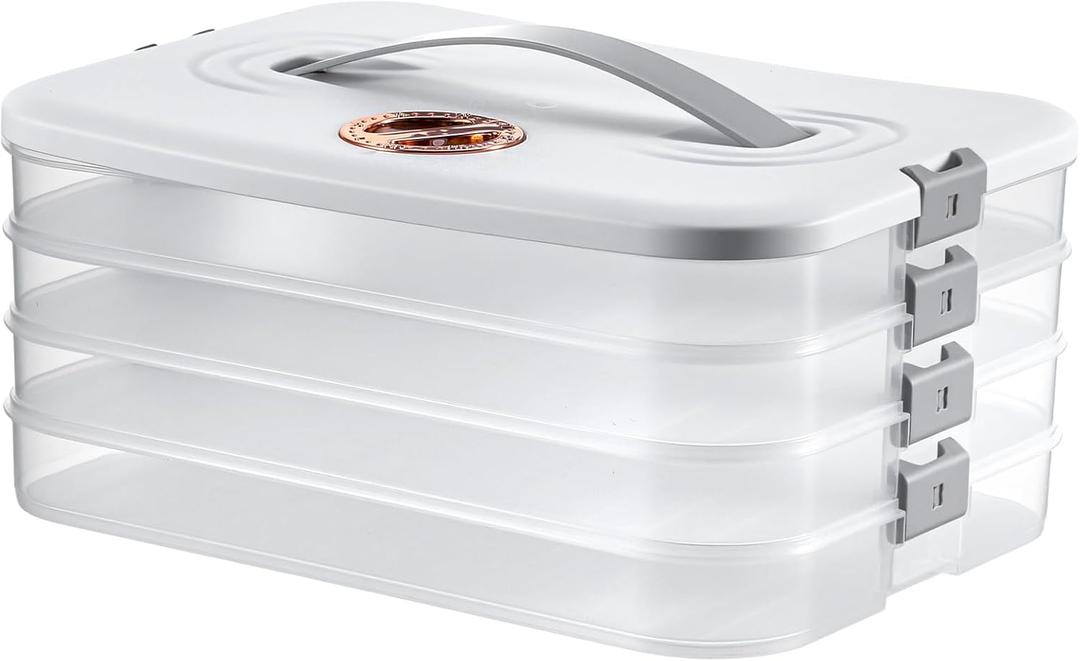 4-Layer Food Storage Container with Lids – Stackable, Airtight Cookie & Dumpling Carrier for Fridge, Freezer, Travel – BPA-Free Plastic, White (11.6” x 8.7” x 5.4”)