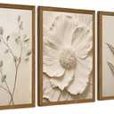 JLTULT 3 Piece Framed Neutral Beige Floral Canvas Wall Art, Modern Simple Texture Blossom Wall Decor, Vintage Botanical Flower Art Prints for Living Room Bedroom Farmhouse 12x16 inch Ready to Hang