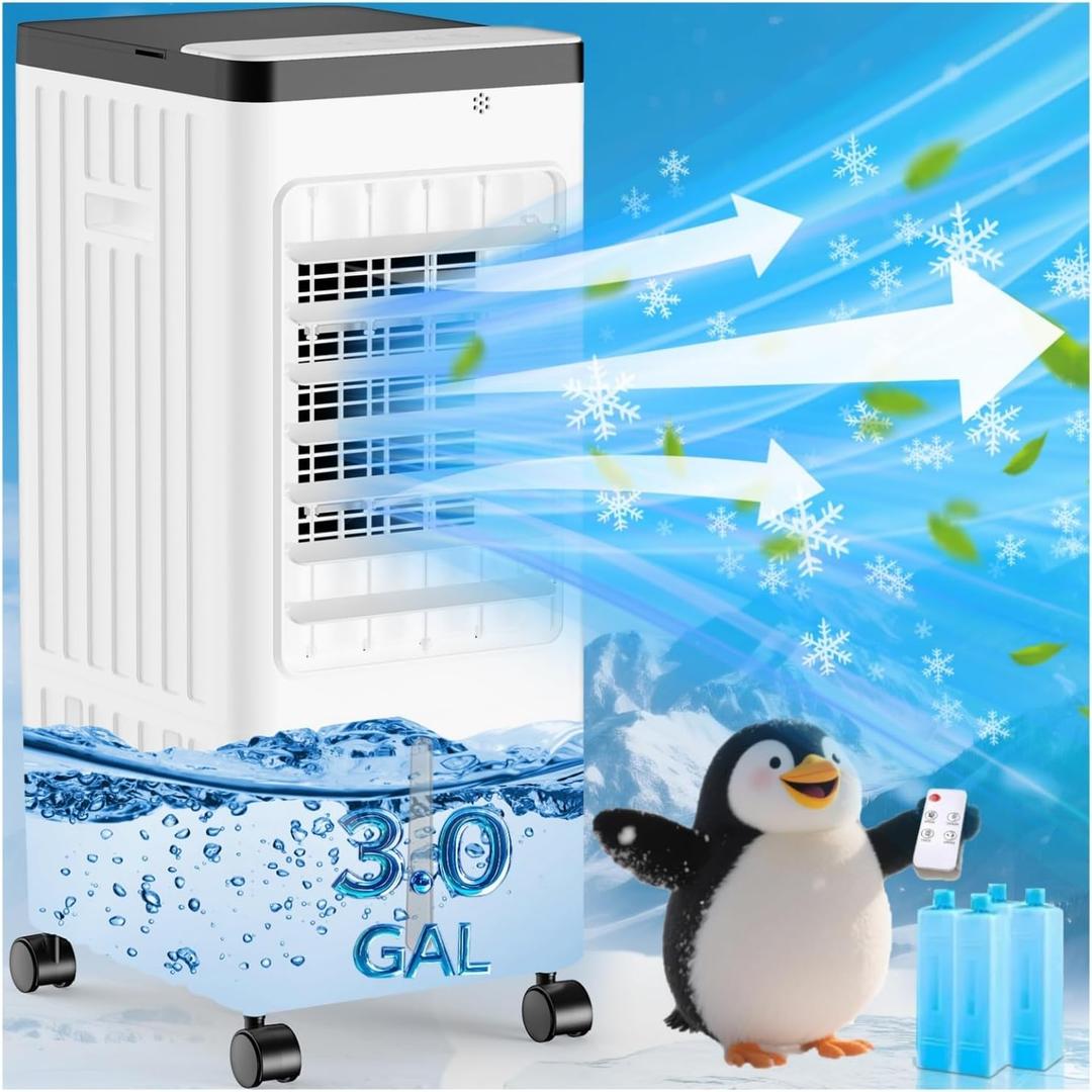 Windowless Portable Air Conditioners, Swamp Cooler with Oscillation, Evaporative Air Cooler with Remote, 7H Timer, Air Cooler Fan with 3Modes&Speeds for Bedroom Indoor Room (White, 9L)