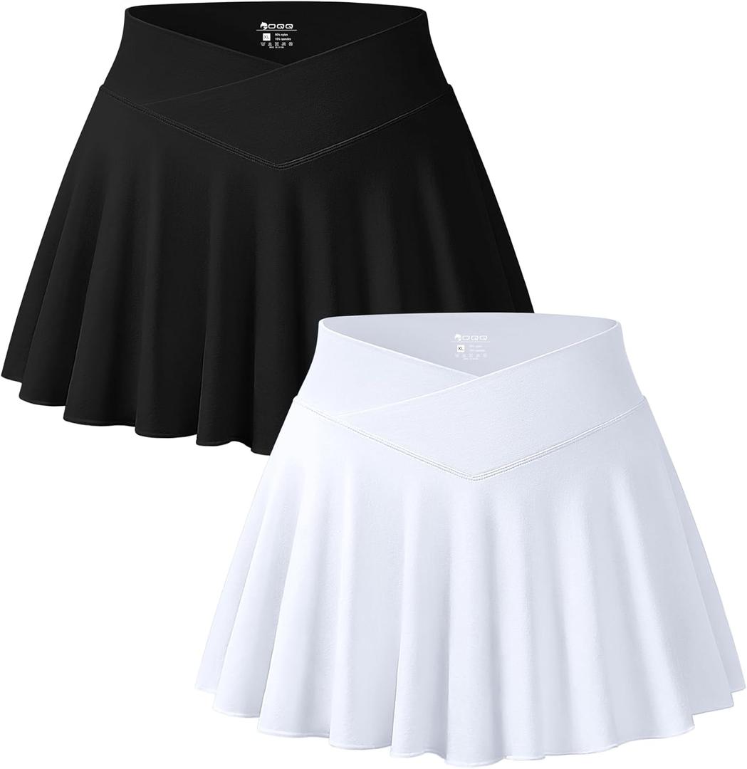 OQQ Women 2 Piece Mini Skirts 2 in 1 Flowy Sexy Basic Stretchy Cross Over Flared Casual Skirts (Large, Black White)