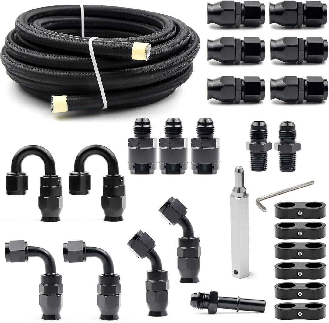 6AN PTFE Fuel Line Kit, 5/16" Nylon Stainless Steel Braided, LS Swap EFI E85 Injection Fuel Hose Fitting 20FT