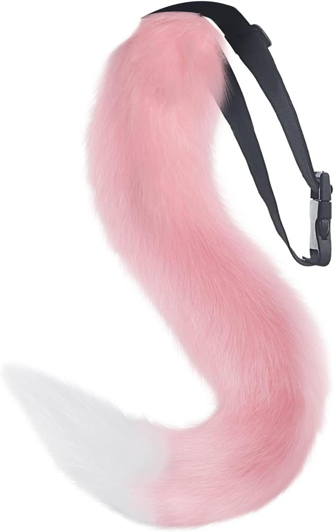 Fox Tail, Faux Fur Fox Tail Fancy Dress Halloween Cosplay Adjustable Furry Fox Tail Costume for Adult, Kids, Party (Pink)