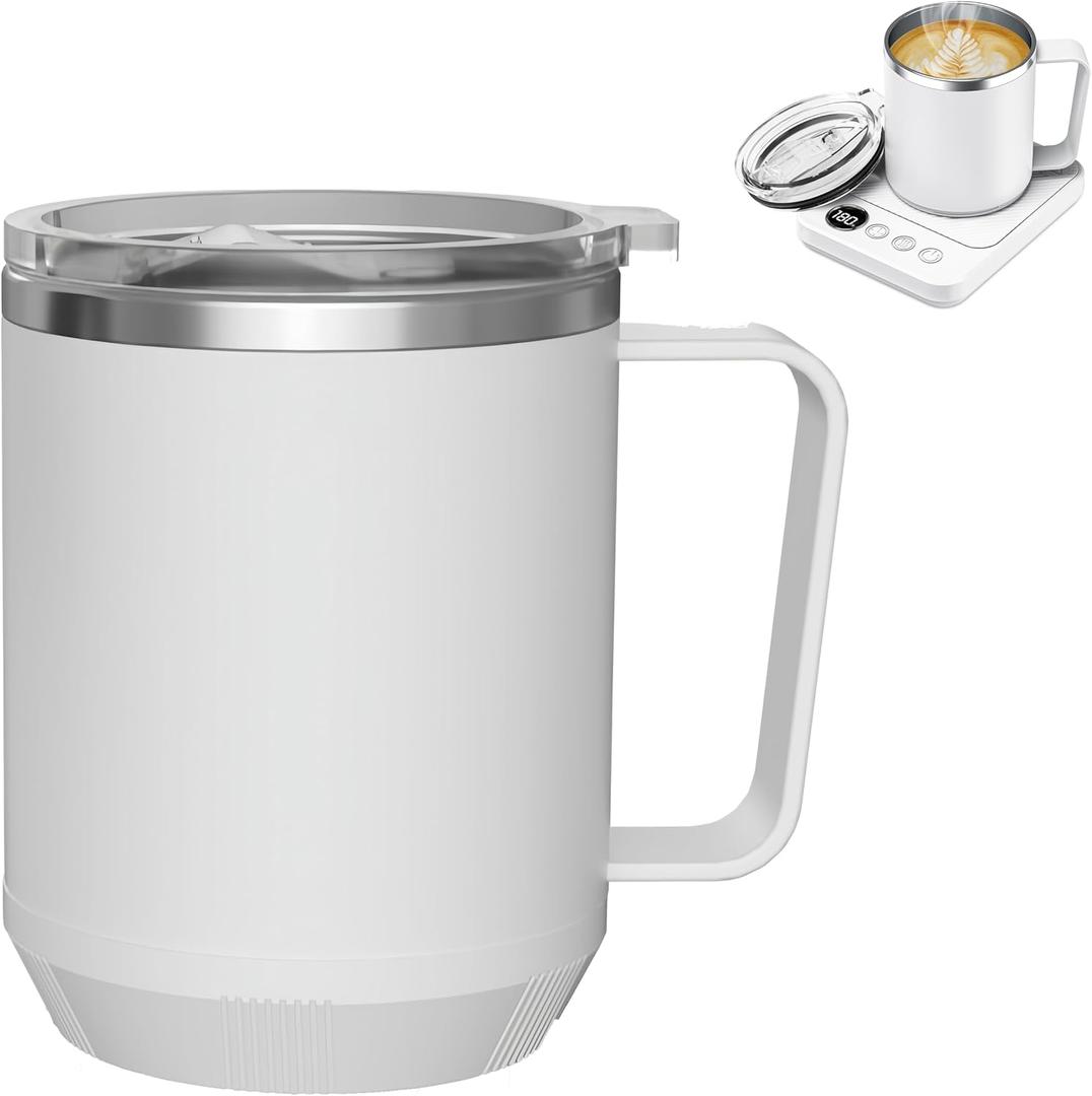 16oz Heated Coffee Mug with Flat Bottom for Rapid Heating, Stainless Steel Heated Coffee Cup Suitable for Different Coffee Mug Warmer/Heaters, Heated Mug/Cup for Home and Office Desk, White