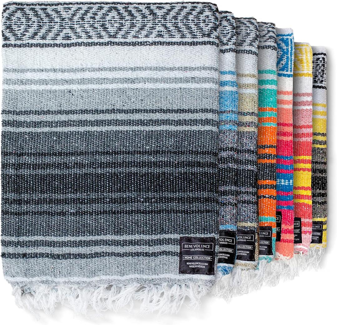 Benevolence LA Authentic Handwoven Mexican Blanket | Yoga Blankets, Outdoor, Picnic, Beach, Camping | Equestrian Saddle | Serape 50x70 inches - Gray, Pack of 1
