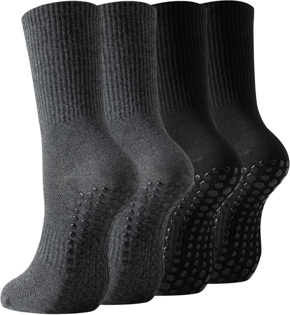 Non Slip Grip Socks for Men, 4 Pairs Mens Grippy Pilates Yoga Hospital Gym Athletic Running Crew Socks (9-12, 4 Pairs-2 Black+2 Dark Grey)