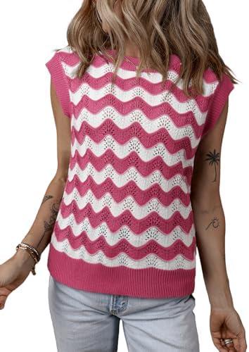 SHEWIN Sweater Vest for Women Crewneck Striped Crochet Sleeveless Sweaters Tank Tops S