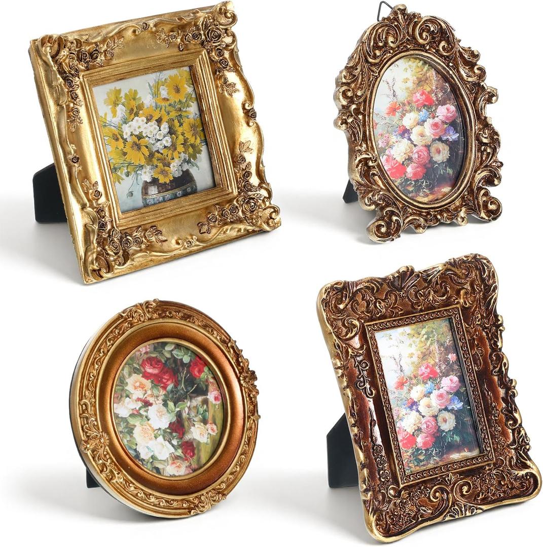 4 Pcs Vintage Small Gold Picture Frames, 4 Style Resin Antique Frames Tabletop Display or Wall Hanging Ornate Baroque Decor