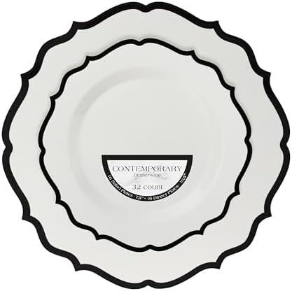 PLASTICPRO 64 Pack Elegant Disposable Plastic Plates Combo Set Includes 32 Dinner Plates and 32 Salad Plates Heavy Duty Fancy Party Plates White & Black Contemporary Design
