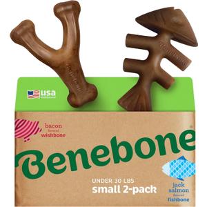 Benebone 2-pack Fishbone/Wishbone Durable Dog Chew Toys, Real Fish, Real Bacon, Made in USA, Small