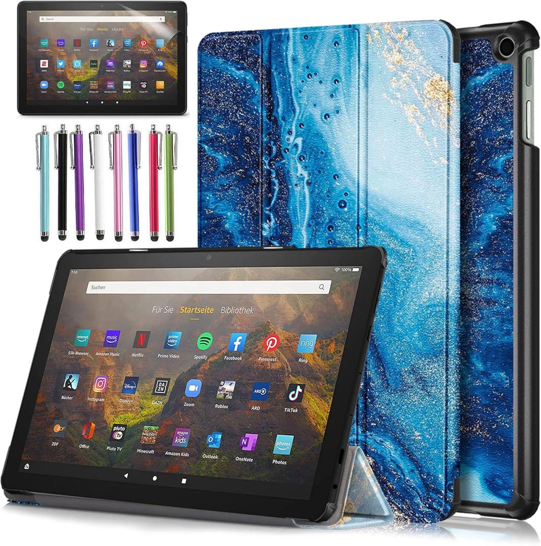 Case for Amazon Fire HD 10 Tablet 10.1" Inch Display (13th Generation, 2023 Released) - Lightweight Tri-fold Stand Cover Case + 1 Screen Protector and 1 Stylus (Sandy Blue) (Sandy Blue)