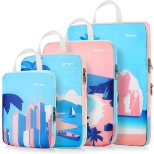 Gonex Compression Packing Cubes, 3pcs Expandable Storage Travel Luggage Bags Organizers, Travel Cubes for Suitcase Carry On (Coconut Palm)