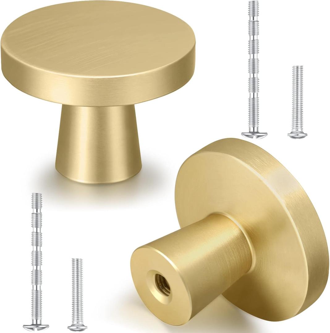 Hotop 30 Pack Solid Knobs Kitchen Cabinet Round Pulls Dresser Handles Gold Cupboard Hardware Dresser Brushed Brass Door Drawer Knobs (Mushroom)