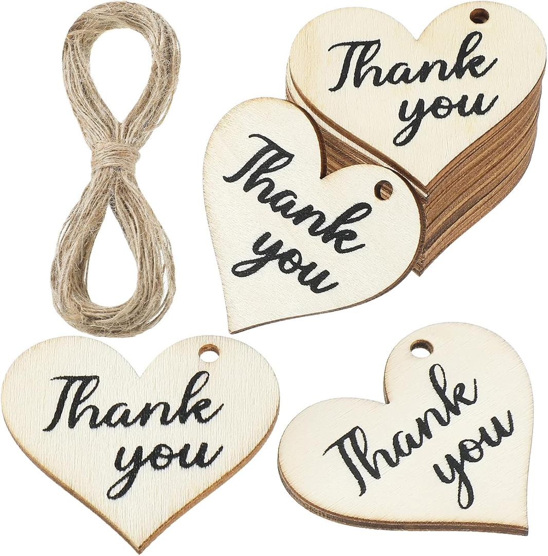100 Pieces Thank You Tags Wood Thank You Gift Tags with String Heart Shape for Baby Shower Wedding Party Favor