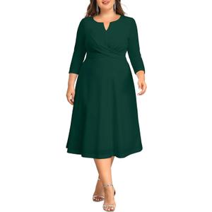 Plus Size Wedding Guest Dress - Church Midi Fall Semi Formal 3/4 Sleeve V Neck A-line Dress for Women 2025 Size-22W