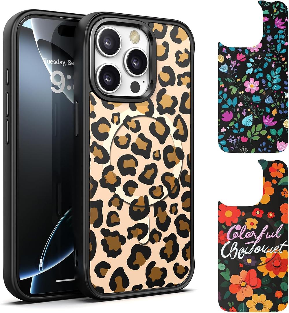 IYH for iPhone 15 Pro Case with 3 Interchangeable Magnetic Back Covers, Military-Grade Protection | Wireless Charging Compatible, Floral Pattern, Black