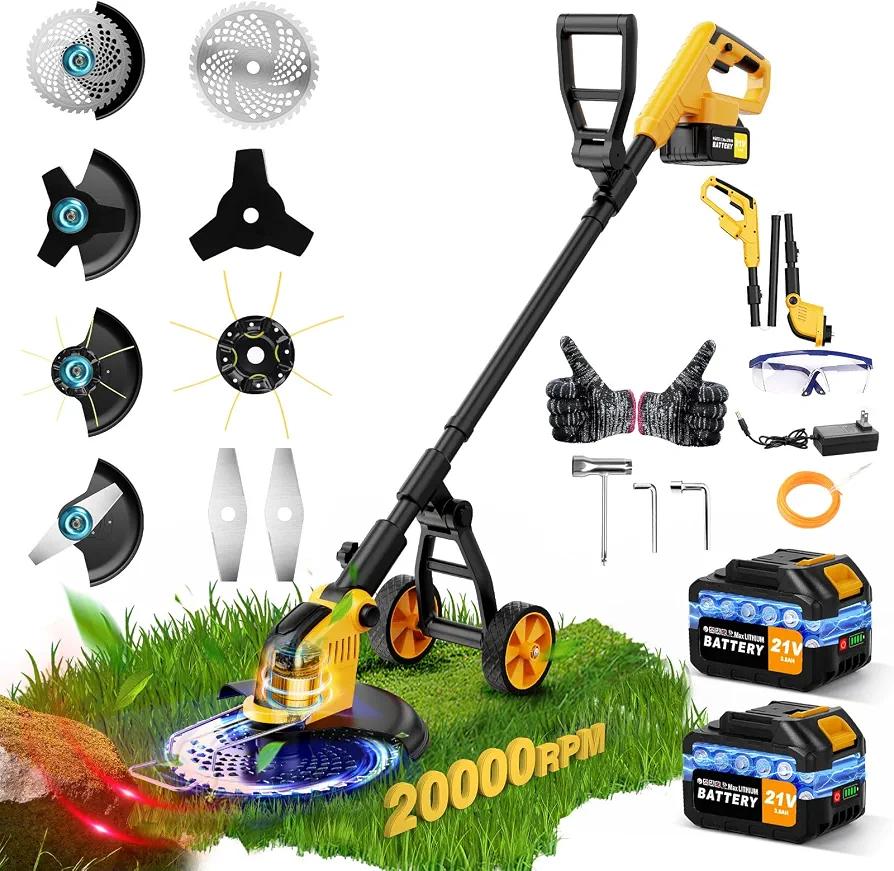 20000RPM 4-in-1 Weed Wacker Cordless, Electric Weed Eater Battery Powered, Heavy Duty Brush Cutter Edger Lawn Tool/Weed Trimmer/Grass Trimmer W/Wheel Metal Blade, 2 Battery Yard Tool