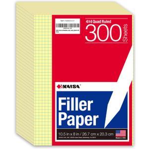 KAISA Loose Leaf Notebook Paper, 4x4 Quad Graph Ruled, 300 Sheets Per Lined Paper, 8" x 10.5", 3 Hole Punched for 3 Ring Binder, Canary, Made In USA (1pack)