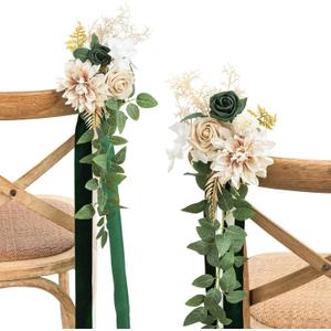 Ling's Moment 8 Wedding Aisle Pew Artificial Flowers Arrangements Emerald Tawny Beige for Ceremony Chair Back Floral Decorations with Chiffon Ribbons Reception Church Rose Faux Hanging Party Outdoor