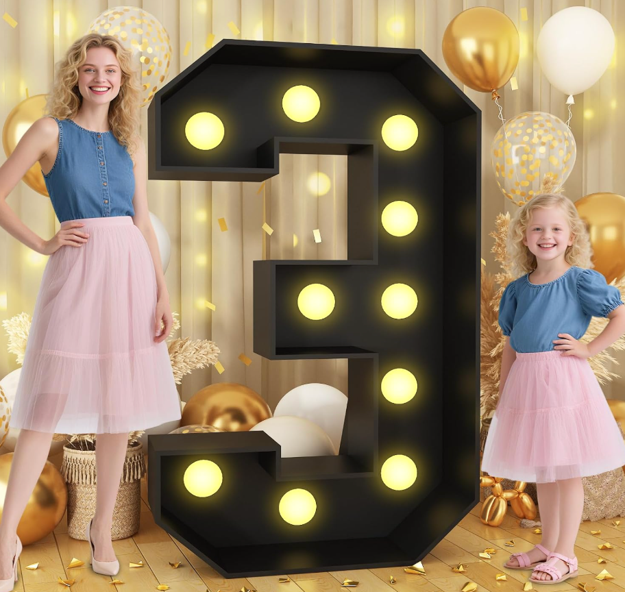 4FT Marquee Light Up Numbers 3, Easy to Assemble Black Marquee Number