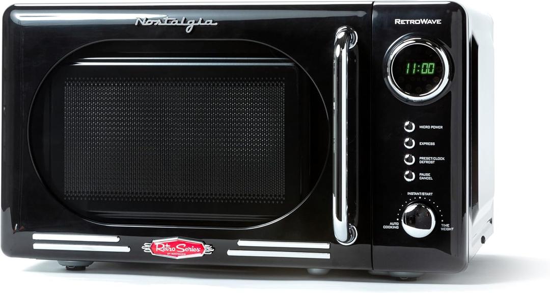 Nostalgia Retro Compact Countertop Microwave Oven, 0.7 Cu. Ft. 700-Watts with LED Digital Display, Child Lock, Easy Clean Interior, Black