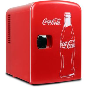 Coca-Cola Classic Coke Bottle 4L Mini Fridge w/ 12V DC and 110V AC Cords, 6 Can Portable Cooler, Personal Travel Refrigerator for Snacks Lunch Drinks Cosmetics, Desk Home Office Dorm, Red