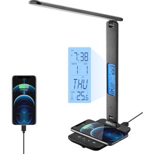 LED Desk Lamp with Wireless Charger, USB Charging Port, Table Lamp with Clock, Alarm, Date, Temperature, Desk Lamps for Home Office,Black