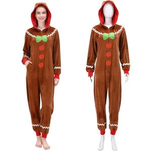 nezababycos Christmas Gingerbread Onesie Pajamas Adult Jumpsuit Costume One Piece Hooded Flannel Zipper Sleepwear Outfit for Women (US, Alpha, Medium, Regular, Regular, Standard, Brown)