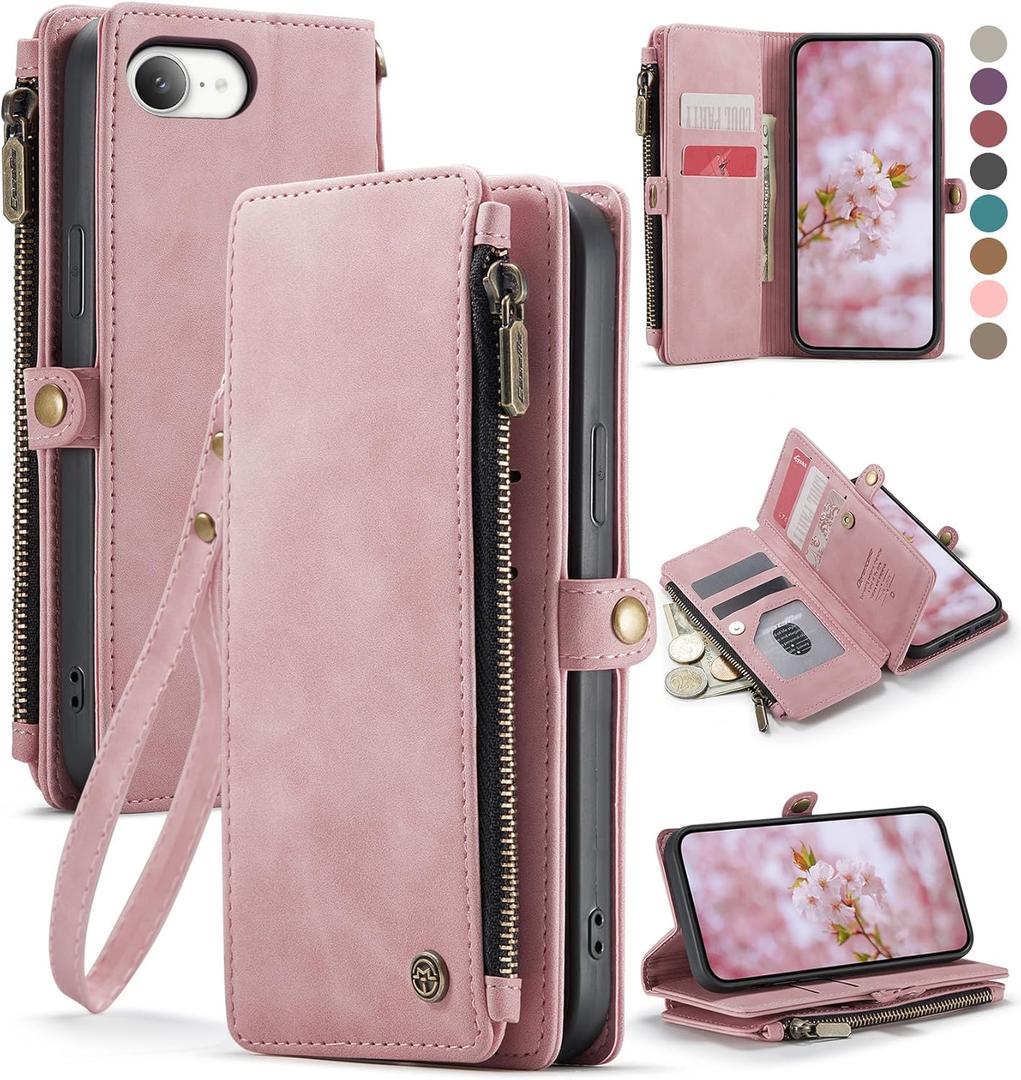 Defencase for iPhone 16E/17E Case Wallet with RFID Blocking Card Holder Slots for Women Men, Elegant PU Leather Magnetic Snap Flip Wristlet Strap Zipper Wallet Phone Cases for iPhone 17e & 16e, Pink (Airy Rose Pink)