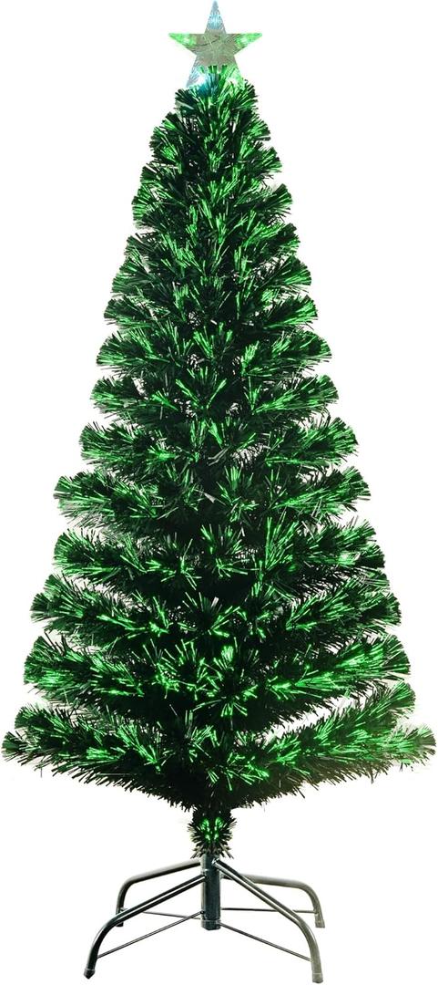 5FT Pre-lit Fiber Optic Christmas Tree with Lighted Star, PVC & Iron Construction, Green Artificial Christmas Tree with 195 Branch, Indoor Christmas Decorations, Holiday Home Xmas Decoration (4ft 11in)