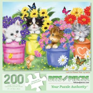 Bits and Pieces Large Piece Jigsaw Puzzle  200 Pieces  Cats in Flower Pots by Makiko  15"x19" Colorful Garden Scene with Kittens, Flowers & Butterflies  Family Puzzle