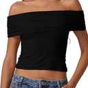 QINSEN People Solid Plain Off Shoulder Ruffled Rayon Top, XL